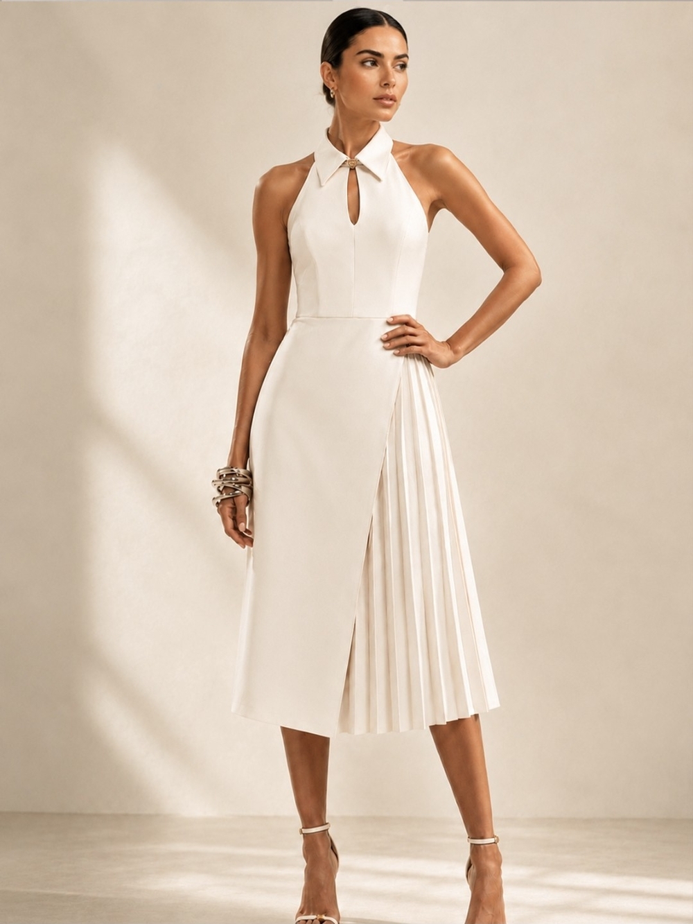 Commense Cream Halter Midi Dress with Pleated Side Panel